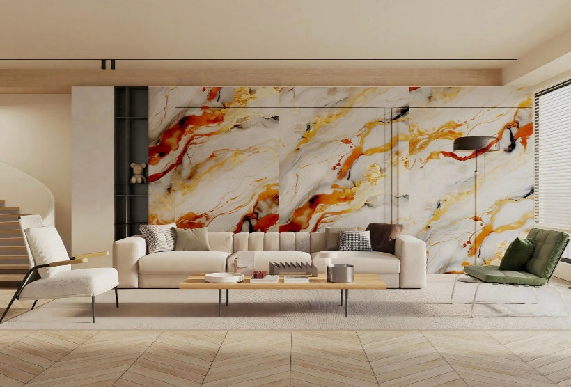Panneau Blanc, Or & Mandarine – Marbre Solaire