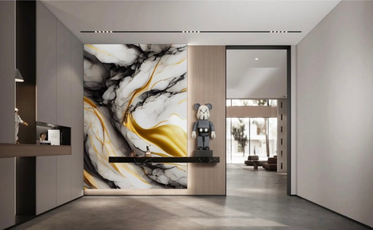 Panneau Blanc, Or & Veinures Noires – Marbre Royal