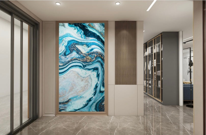 Panneau Bleu Glacier & Or – Art Marbré Contemporain